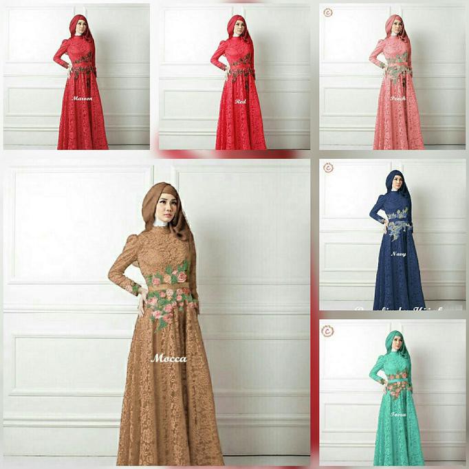 Gamis Lebaran 2017 / Baju Pesta Muslimah / Gamis Brokat Terbaru - Hijau Tosca, Allsize