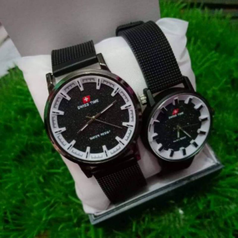 Jam tangan couplean Swiss time cewek cowok / unisex tali ruber free box batree cadangan by zellshop