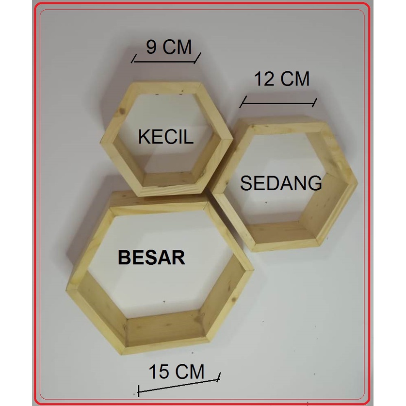 3 pcs Rak kayu hexagonal segi 6 nempel dinding