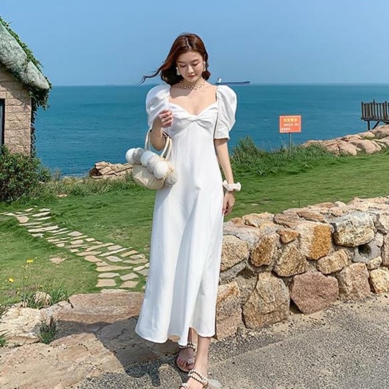white bow buff hand dress midi warna putih lengan puff CODE TG910