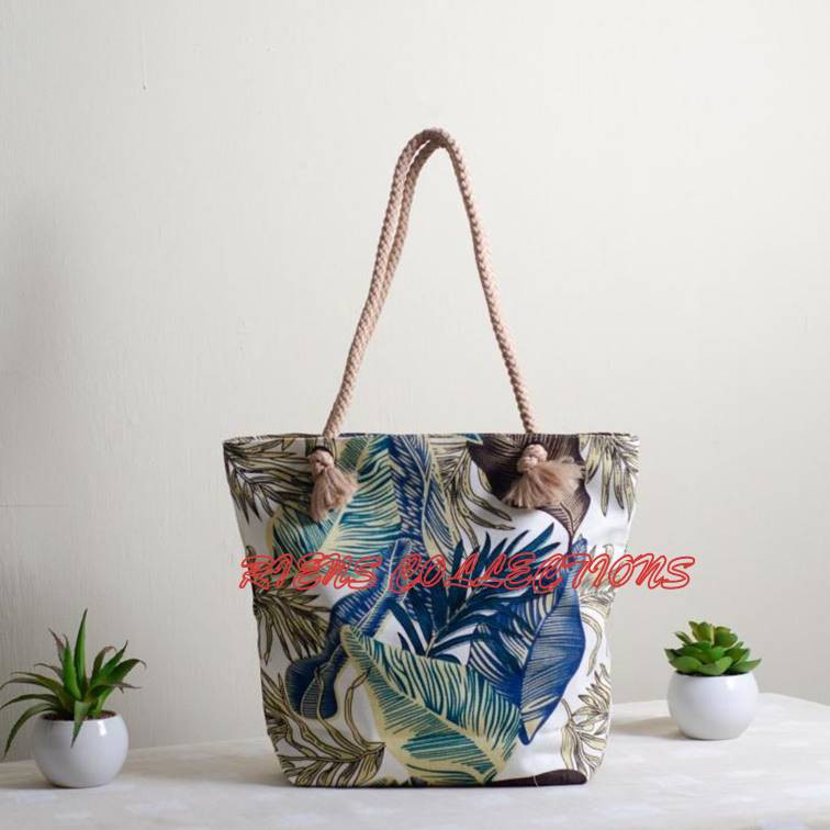 TOTEBAG KANVAS TALI SUMBU MOTIF TROPIKAL RIENS COLLECTIONS. TAS TOTE. TAS KANVAS. TAS JOGJA