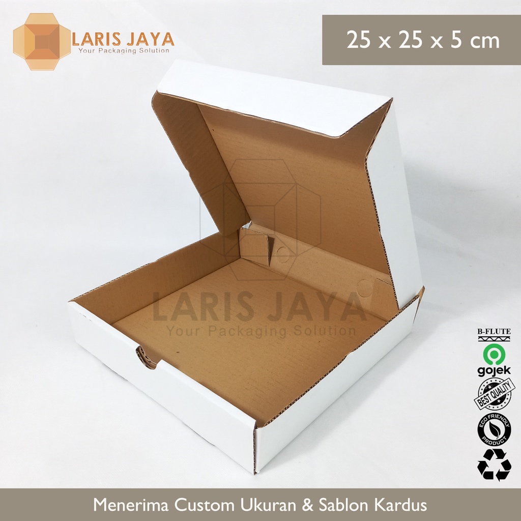 

Kardus Die Cut PUTIH/ Box Pizza Diecut / Brownis / Hampers / Gift / Aksesoris / Kaos / Dus Packing 25 x 25 x 5 cm PUTIH (Kardus Pizza Putih 25 x 25 x 5 cm )