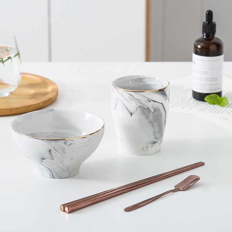 EL#MS4 FREE SENDOK Mangkok Cangkir Marble Set 2PC Mangkok Sup/Nasi Gelas Porselen Gelas Keramik