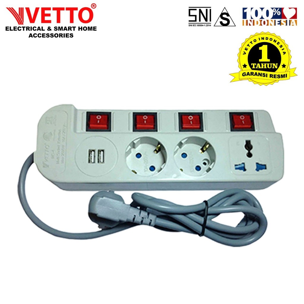 VETTO MS4/3M USB Stop Kontak -  Multi Socket Outlets SNI