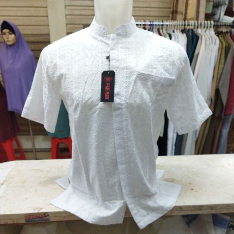 Baju Koko Anak Remaja, Dewasa & Jumbo, Putih, Lengan Pendek, Bahan Katun Berbordir, Kualitas SUPER P