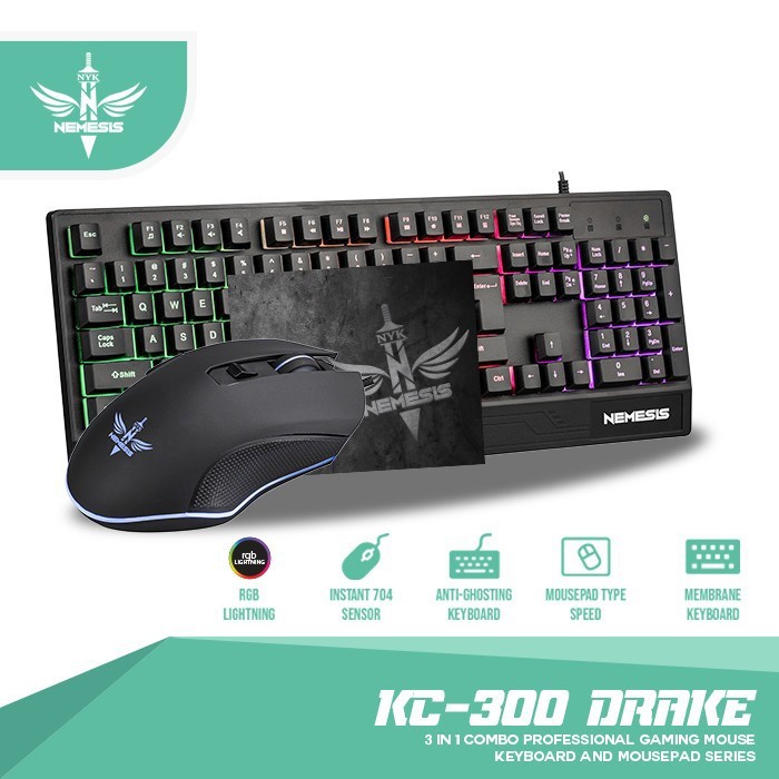 NYK KC300/NYK Nemesis Drake KC300/NYK KC-300  / NYK Drake - Paket Combo Keyboard Mouse + Mousepad