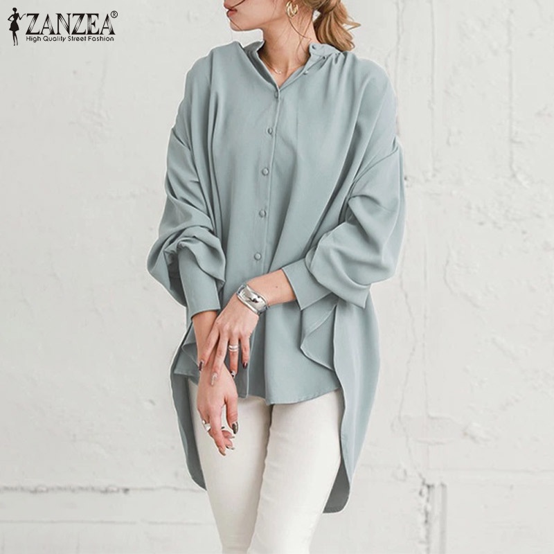 ZANZEA Women Plus Size Full Sleeved Elegant OL Solid Color Blouse Casual Loose Shirts