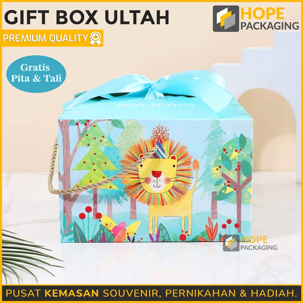 Gift box  Ulang Tahun Anak Motif Macan Dino Fancy bunga Navy / Hampers Happy birthday Plus Pita  Hadiah / Kotak pink navy hijau tosca