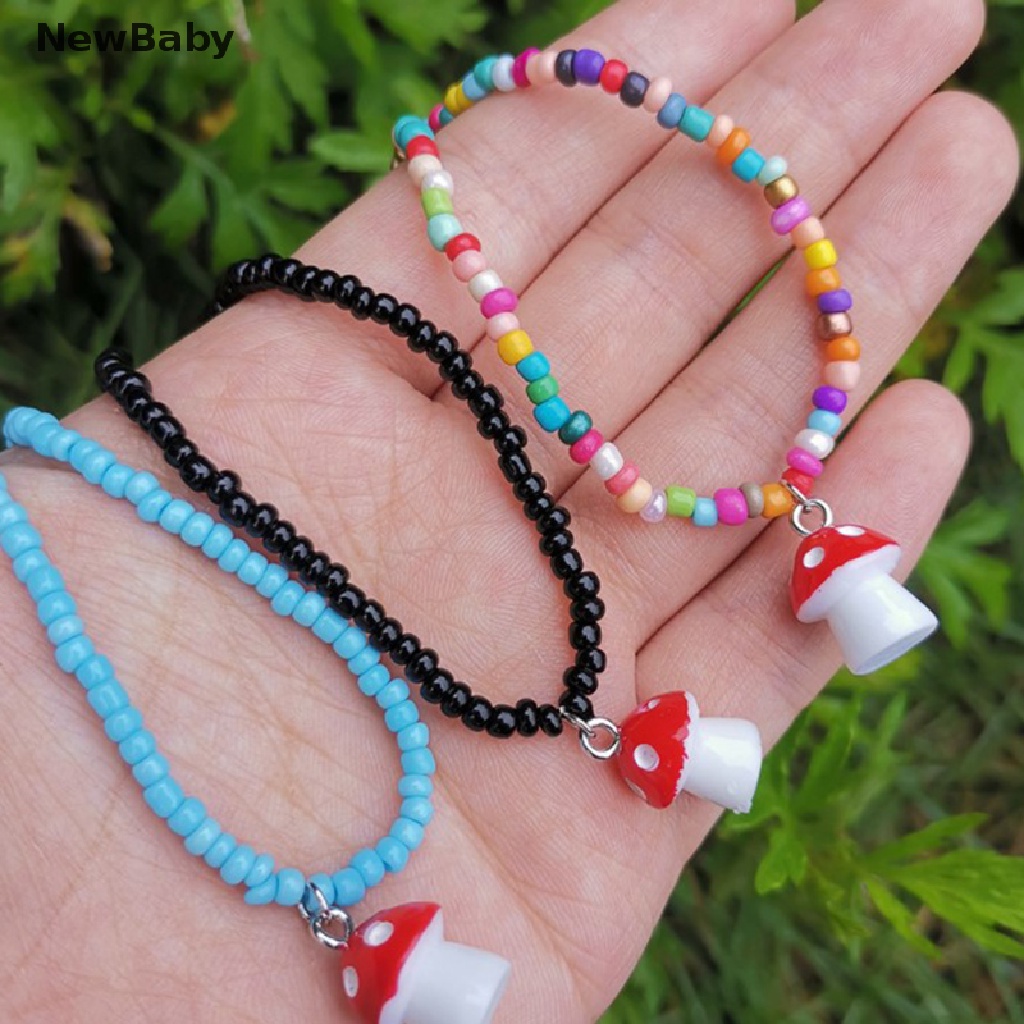 Kalung Rantai Manik-Manik Liontin Jamur Warna-Warni Handmade Untuk Wanita