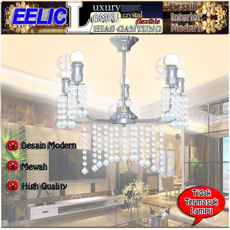 EELIC LHG-83 LAMPU HIAS GANTUNG CRYSTAL LIMA KAP SELANG FLEXIBLE DENGAN HIASAN MANIK CRYSTAL