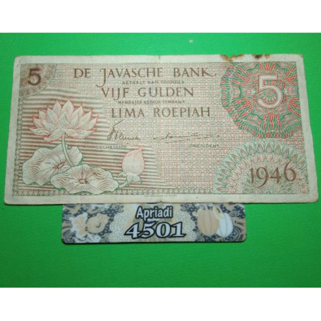 UK198 UANG KUNO ASLI 5 RUPIAH SERI FEDERAL TAHUN 1946 KOLEKSI UANG LAMA KERTAS INDONESIA BELANDA #VF
