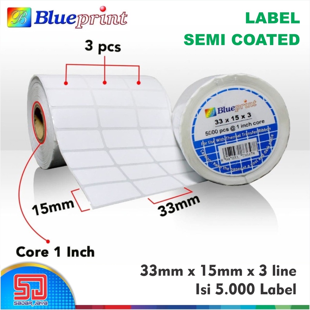 

Blueprint Sticker Label 33 x 15mm x 3 Line Semi Coated Label Stiker Barcode 33x15x3