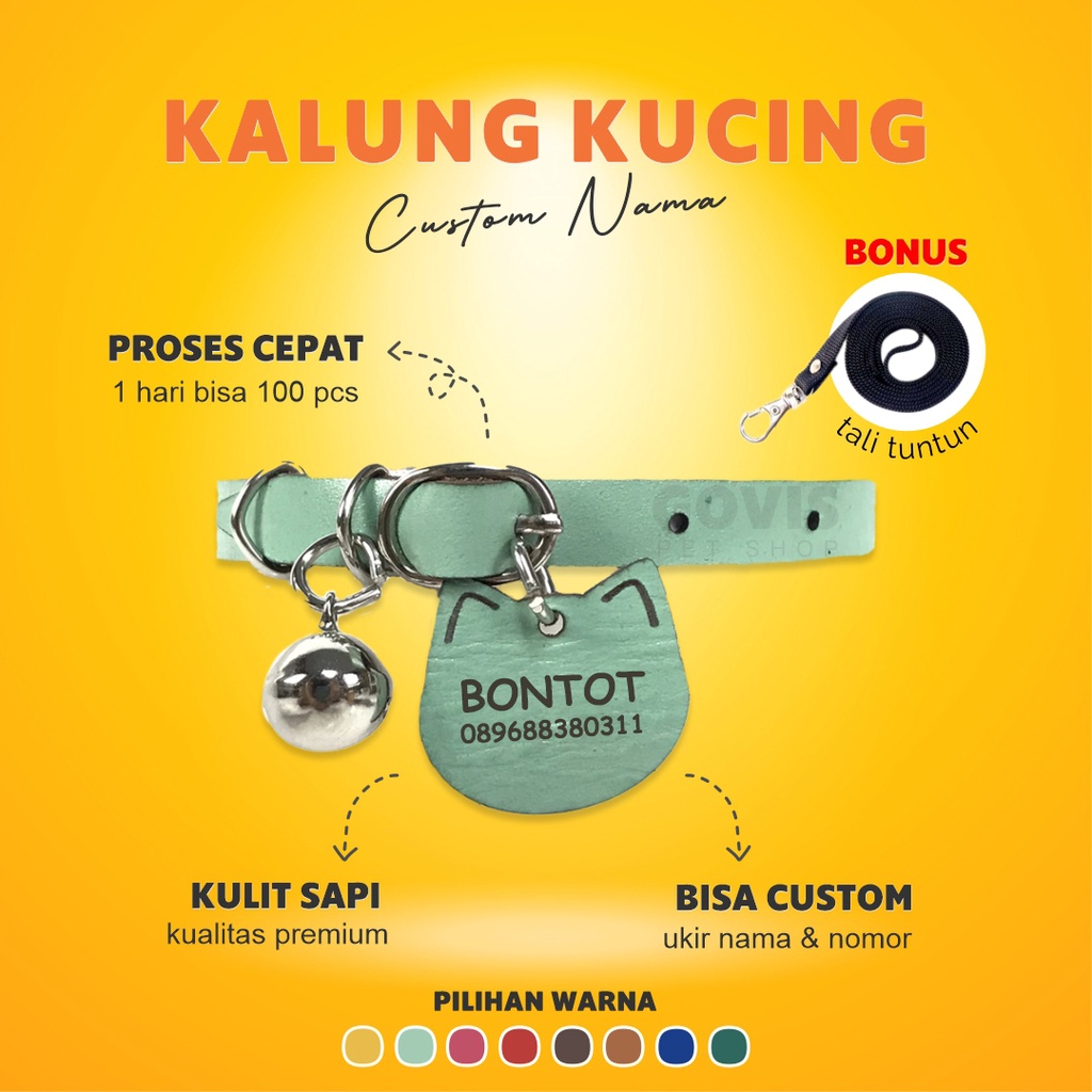 Kalung Kucing Kulit Asli Handmade - GRATIS Custom Nama