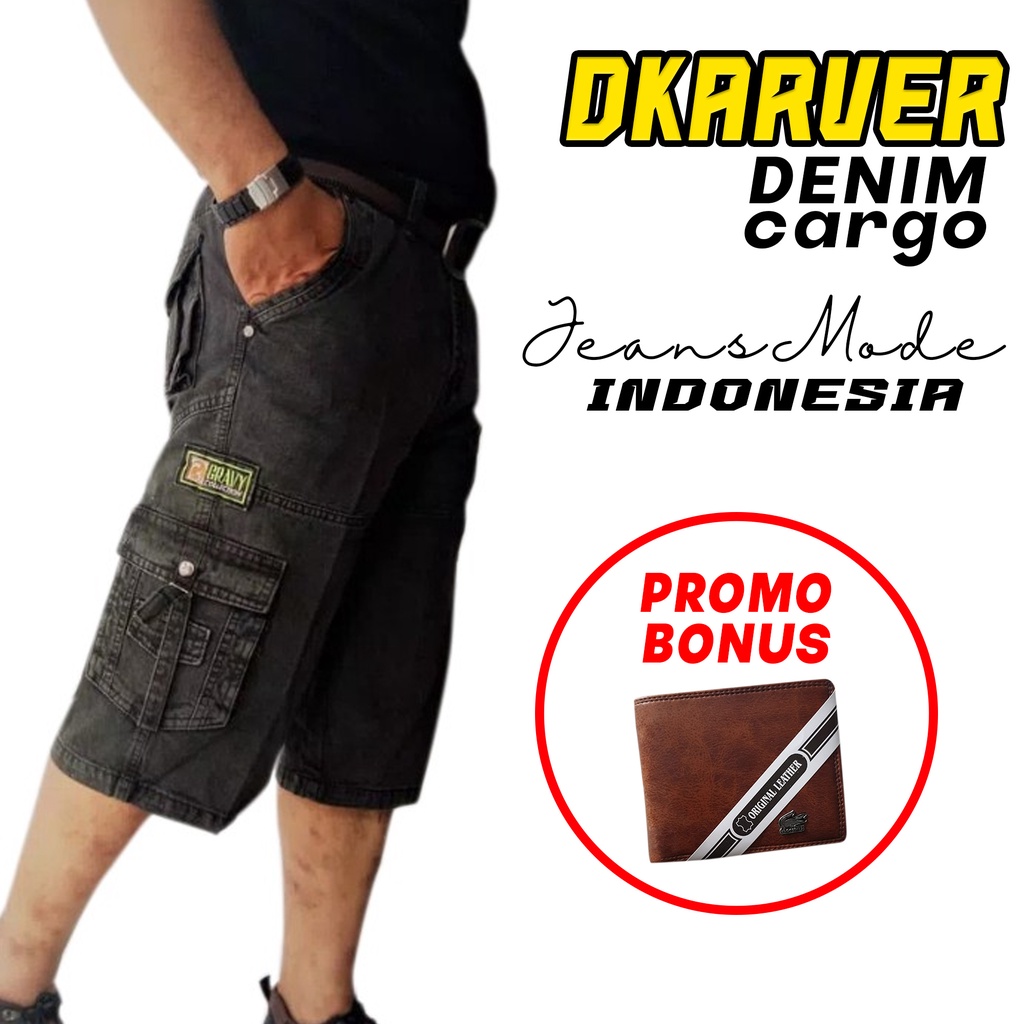 Celana cargo 3/4  terbaru bonus pendaki kimpul denim bahan softjeans tebal halus size 27-38 2020