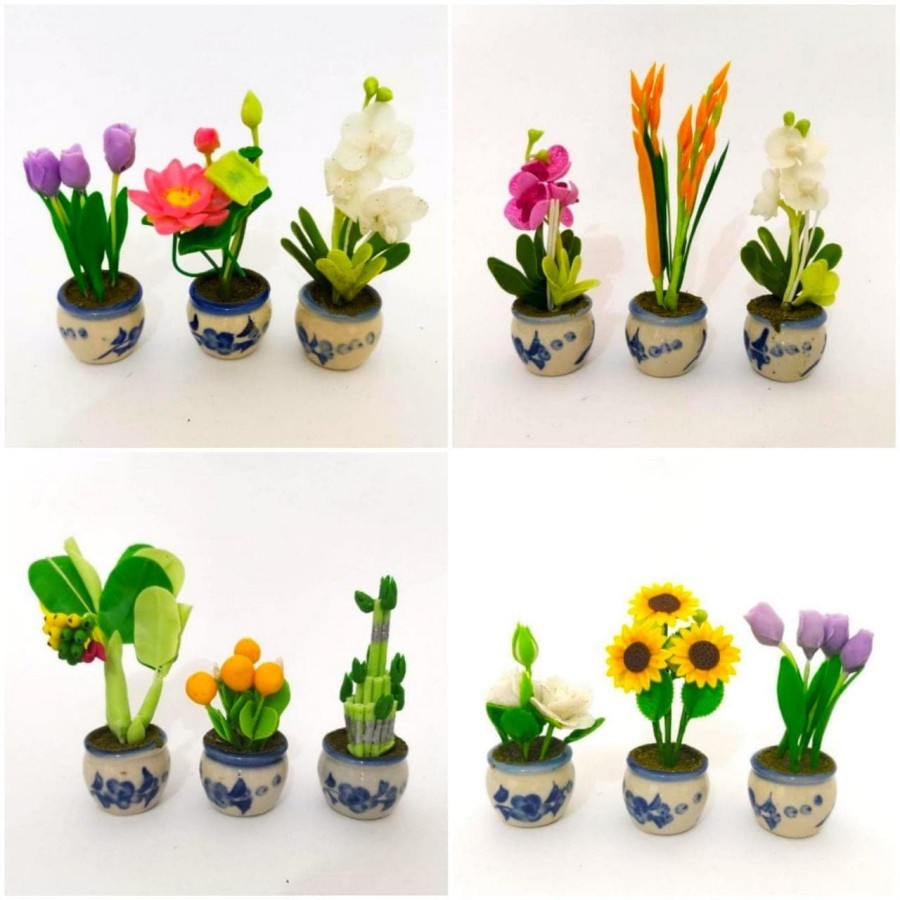 Hiasan Bunga dan Pohon Mungil Mini Clay Plastik dengan Vas Cantik
