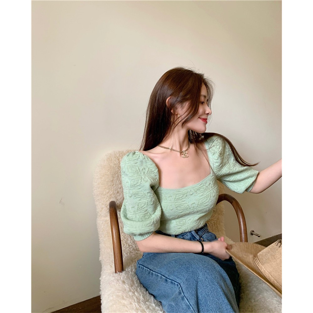 Baru Jacquard Puff Sleeve Retro Square Kerah Pendek Top Wanita Fit Ramping Pelangsing Sweater 3ccH