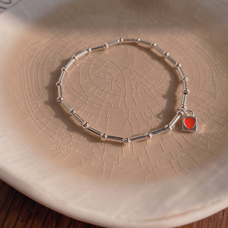 Gelang Bangle Desain Bambu Hati Merah Bahan Silver Gaya Korea Untuk Wanita