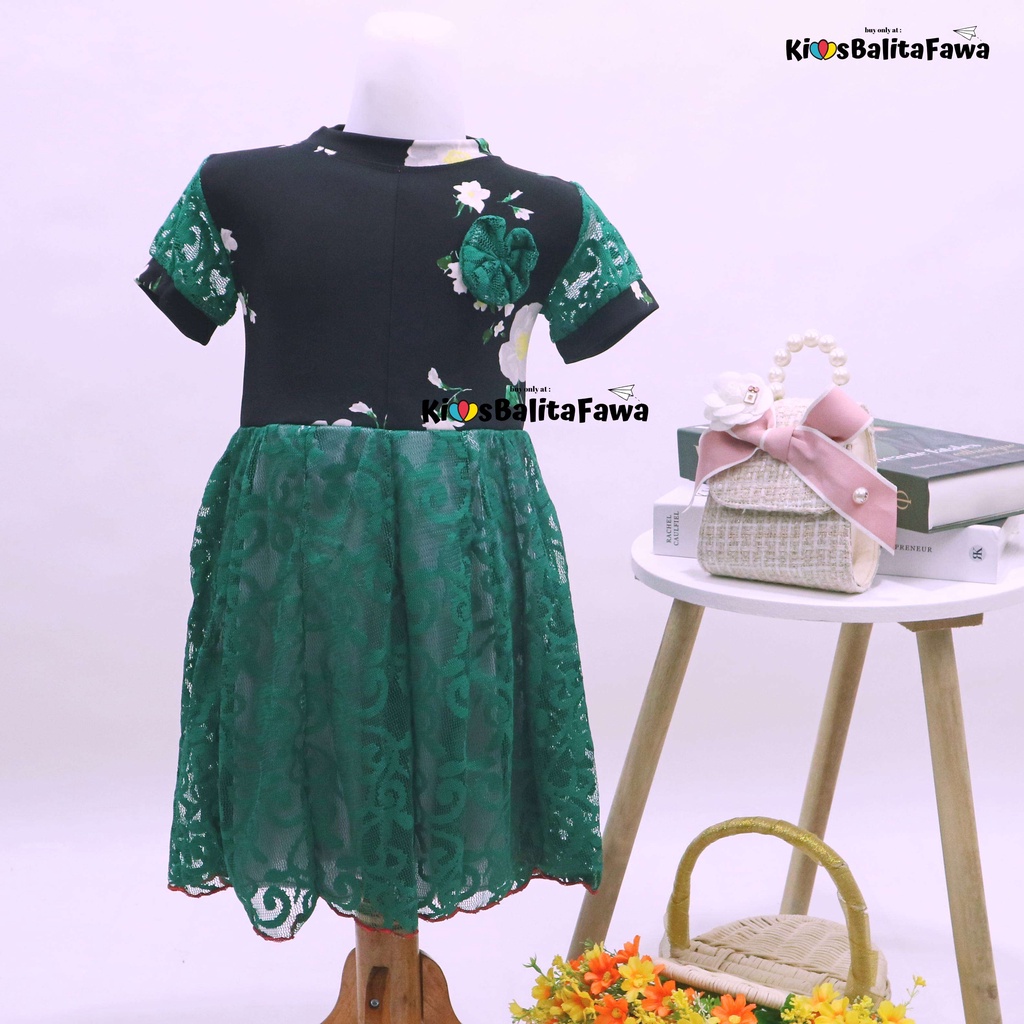 Dress Yuki uk 3-4 Tahun / Dres Lengan Anak Perempuan Import Brukat Baju Gaun Pesta Adem Murah