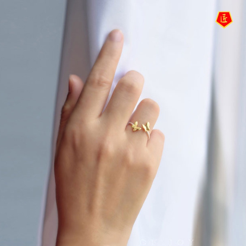 [Ready Stock]Korean-Style Simple Golden Double Butterfly Silver Ring
