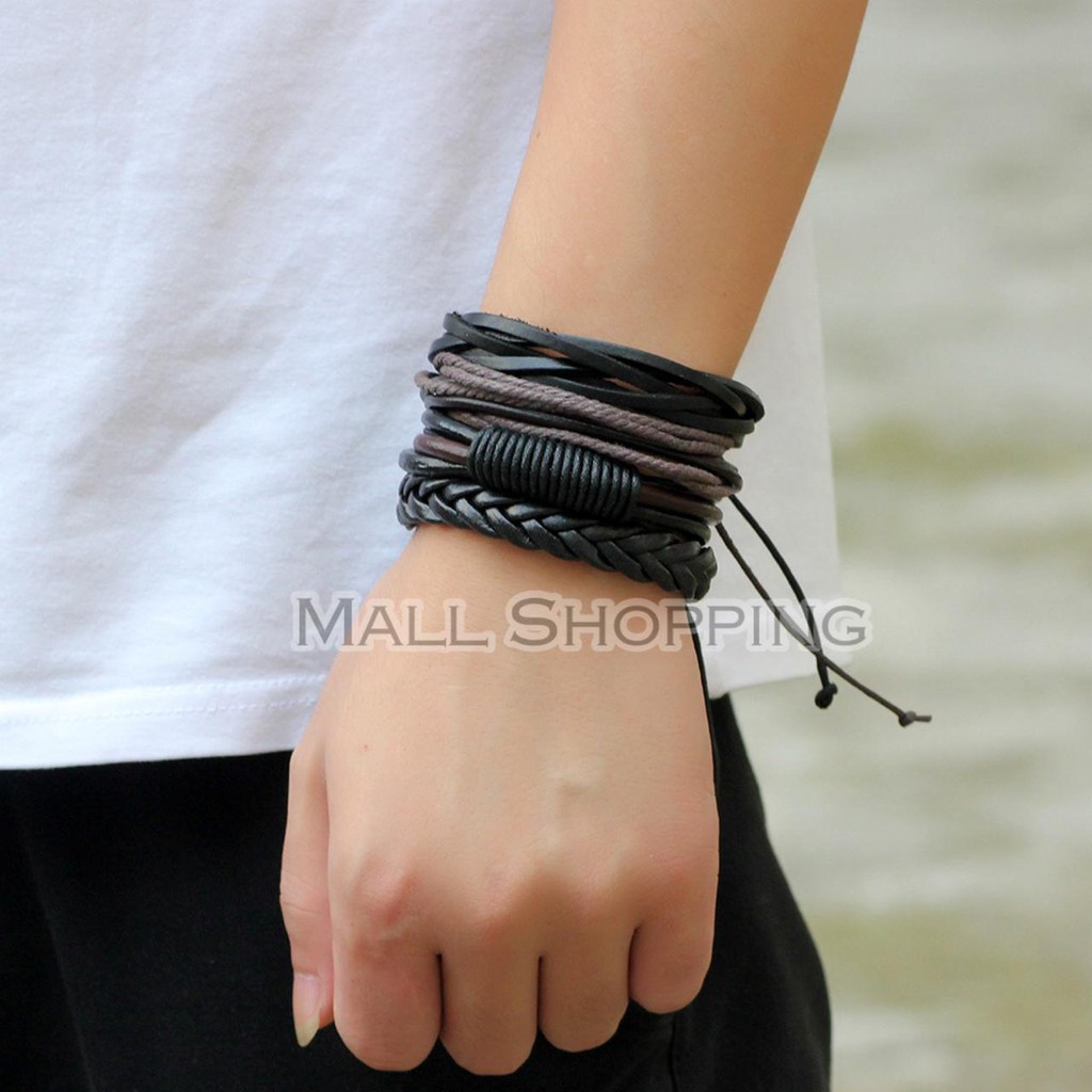 (COD) Gelang Tali ISI 4PCS/ Set Gelang Tangan Strap Kulit Men Bracelet MALLSHOPPING