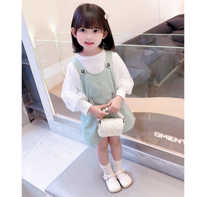 NEW DR28-Dress Overall Anak Perempuan 2in1 Fluffy Shoulder