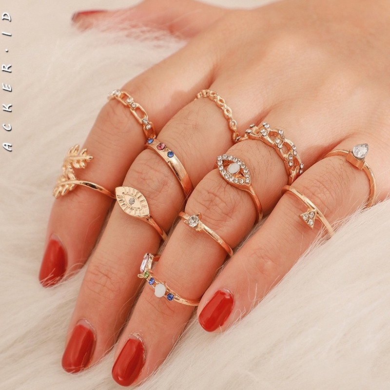 11pcs / Set Cincin Knuckle Berlian Imitasi Opal Bentuk Tetesan Air Warna Emas Untuk Wanita