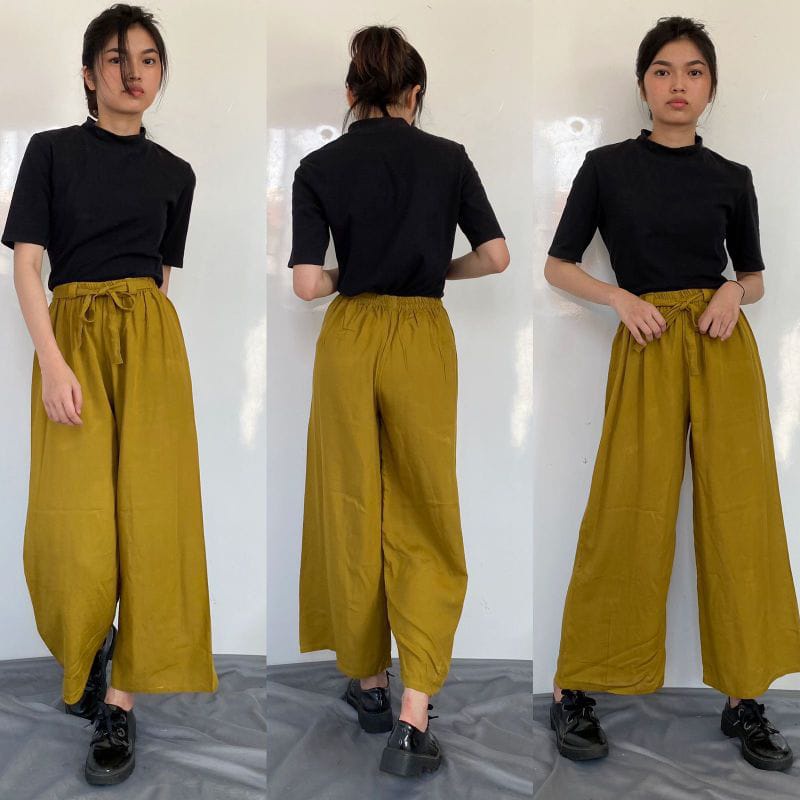 Celana Kulot Rayon Crincle Crinkle Airflow Panjang Wanita Premium Highwaist Loose Cullote Pants Homewear Jumbo Terbaru Kekinian-RAYON LIME