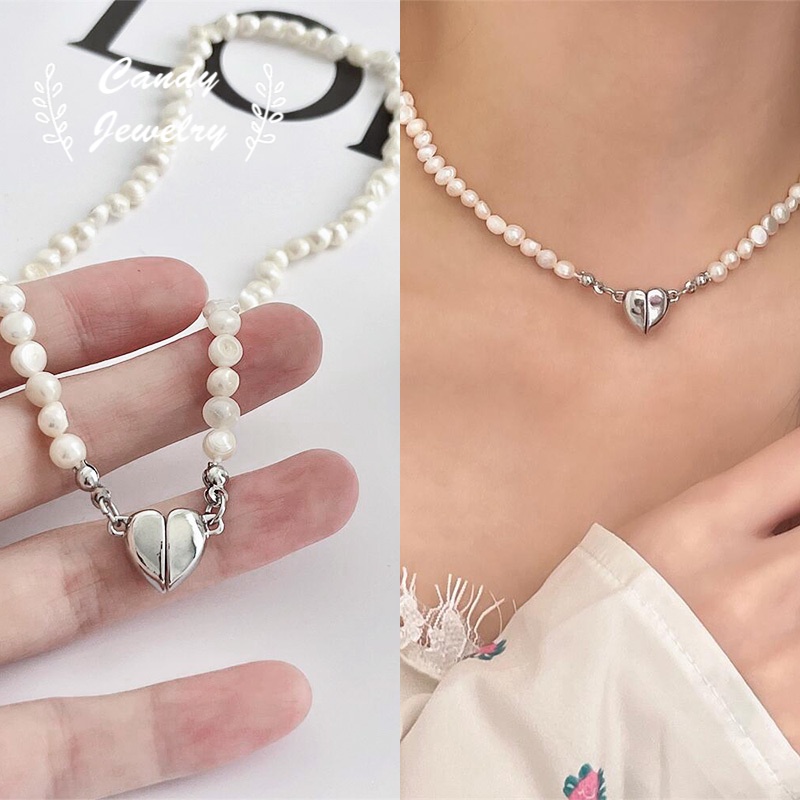 Kalung Rantai Klavikula Magnet Desain Hati Mutiara Air Tawar Gaya Retro Perancis Untuk Wanita