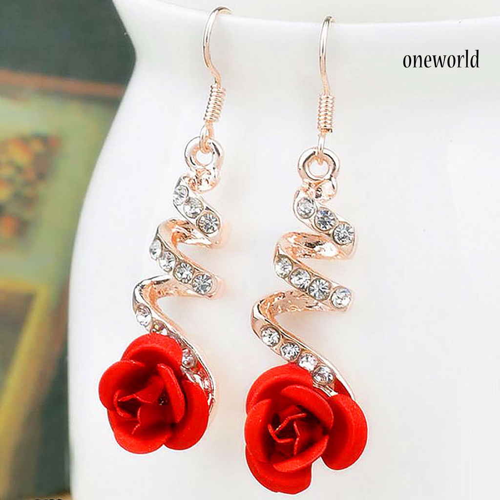 OW# 1 Pair Rose Flower Shape Women Earrings All-matched Elegant Spiral Long Dangle Earrings Jewelry Accessory