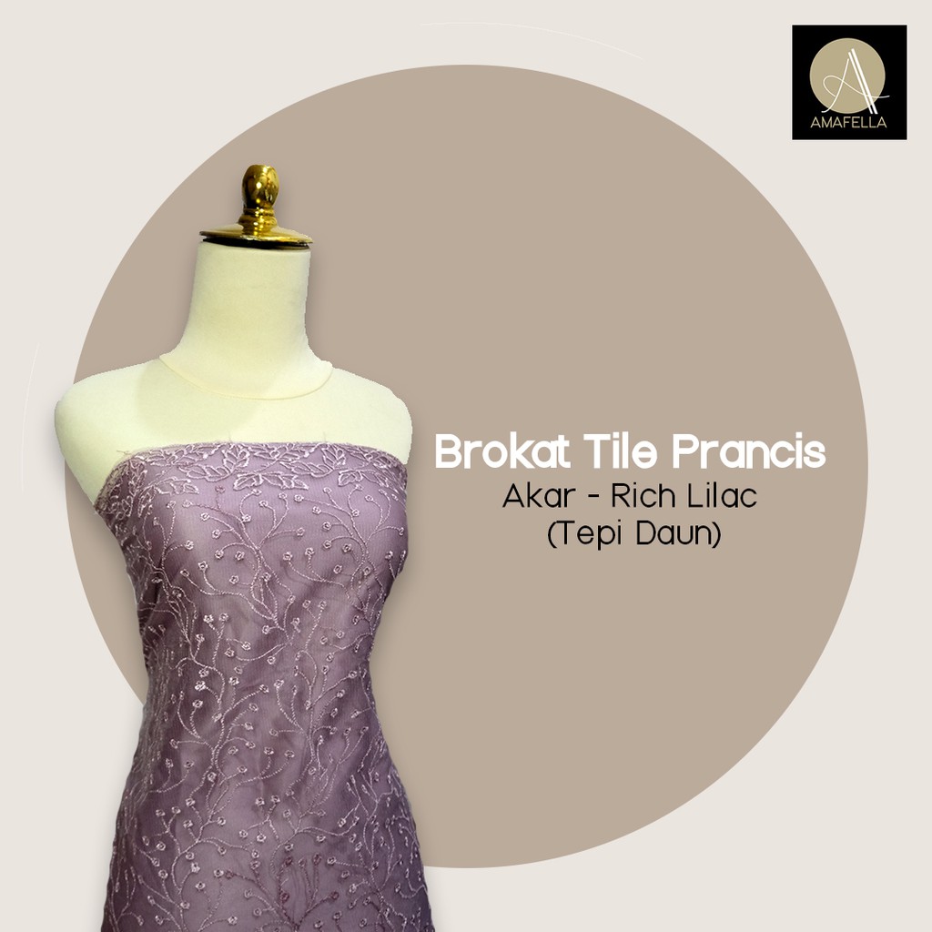 1/2 meter Kain Brukat Brokat Tile Prancis Bahan Kebaya Motif Akar Warna Ungu Rich Lilac