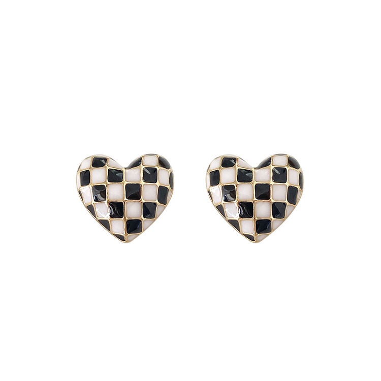 Anting Silver needle drop oil Motif Hati Warna Hitam Dan Putih Untuk Wanita