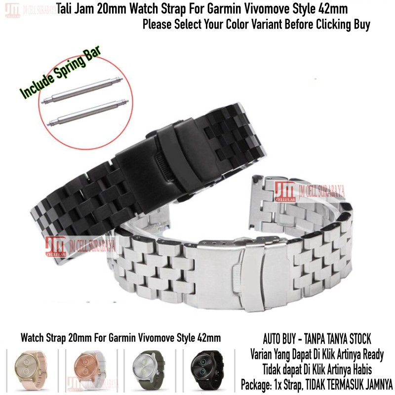 Super Engineer II Tali Jam 20mm Watch Strap Garmin Vivomove Style 42mm - Metal Stainless Steel Brushed Padat