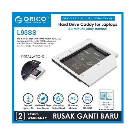 Second ssd hdd hard disk drive caddy orico 2.5&quot; 2.5 inch 9.5mm sata 3.0 6Gbps Slim tipis aluminum for internal drive dvd cd-room laptop L95ss L95-ss