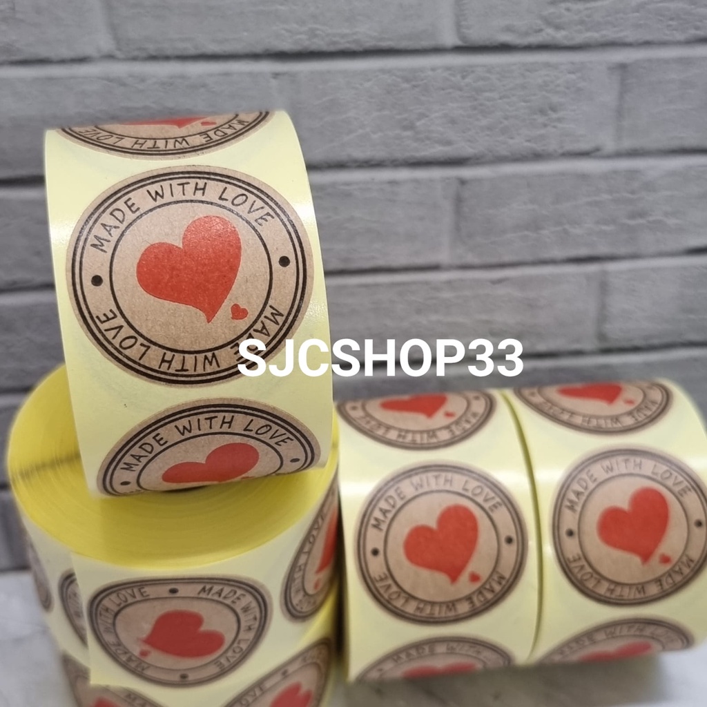 1 roll isi 350 pcs sticker label thank you kraft made with love 3,8 cm