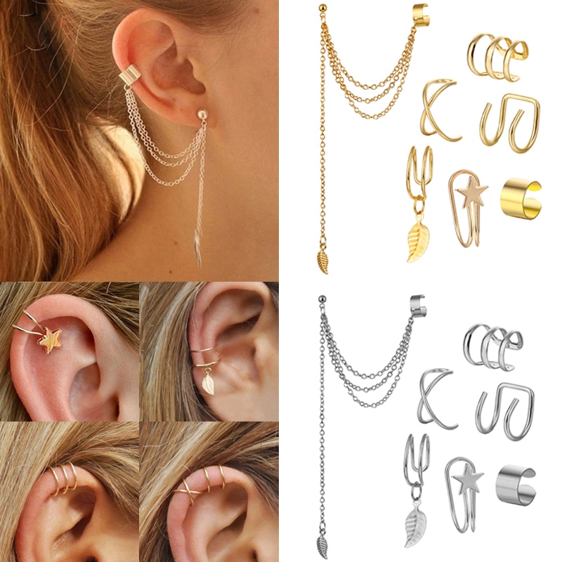 7pcs / Set Anting Tusuk + Kalung Rantai Dengan Liontin Bintang Untuk Wanita