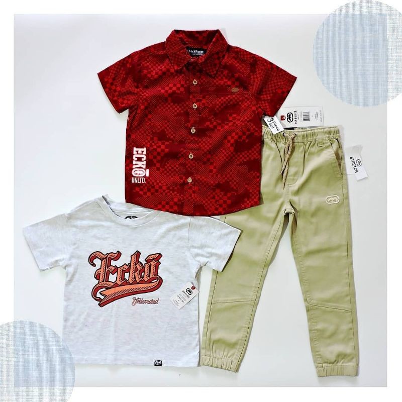 SETELAN ANAK LAKI LAKI 3PCS ORIGINAL ECKO IMPORT BRANDED KEMEJA CELANA CHINOS DAN KAOS TSHIRT PREMIUM BAJU LEBARAN