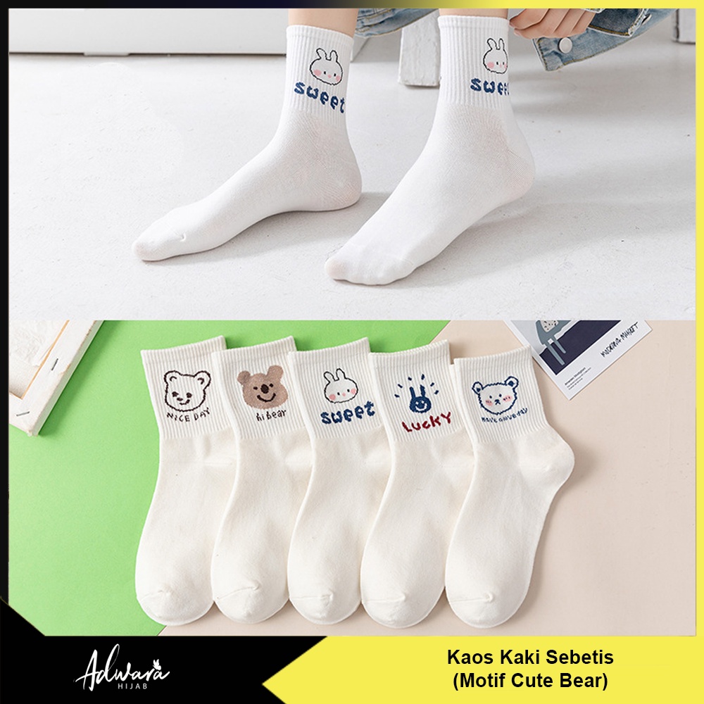 Kaos Kaki Wanita Panjang Sebetis Motif Beruang Warna Putih  / Kaos kaki Putih Motif Cute Bear Japan Style Sock