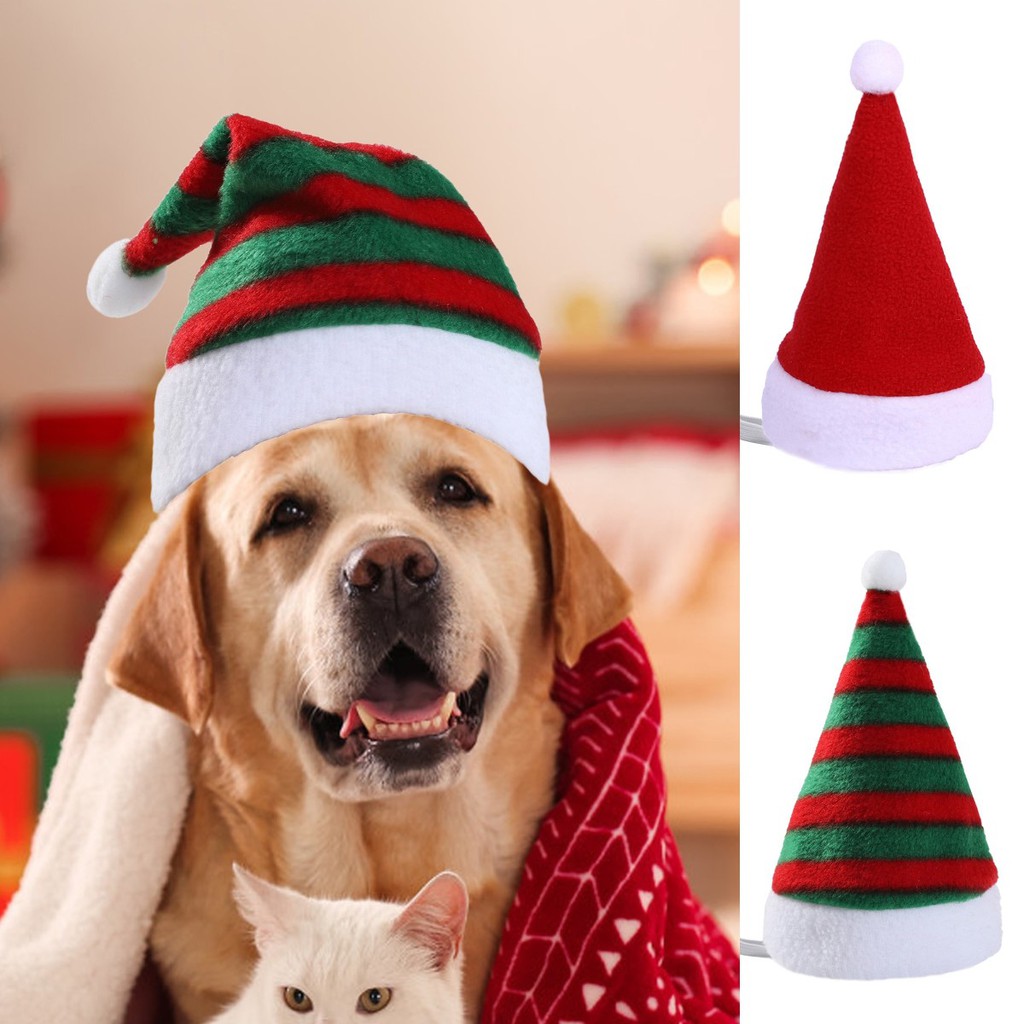 Topi Natal Motif Garis Adjustable Untuk Anjing/Kucing