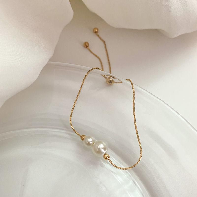 Gelang tangan serut rantai Gold hiasan mutiara ori titanium premium fashion korea