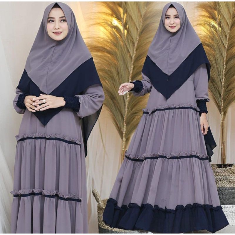 Gamis Set khimar Jumbo LD 140 Nabila syari Murah dan berkualitas Big size asdf L,XL,XXL,XXXL,XXXXL