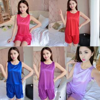 DC360 Baju  Tidur  Wanita Piyama Setelan  Polos Bahan Satin  