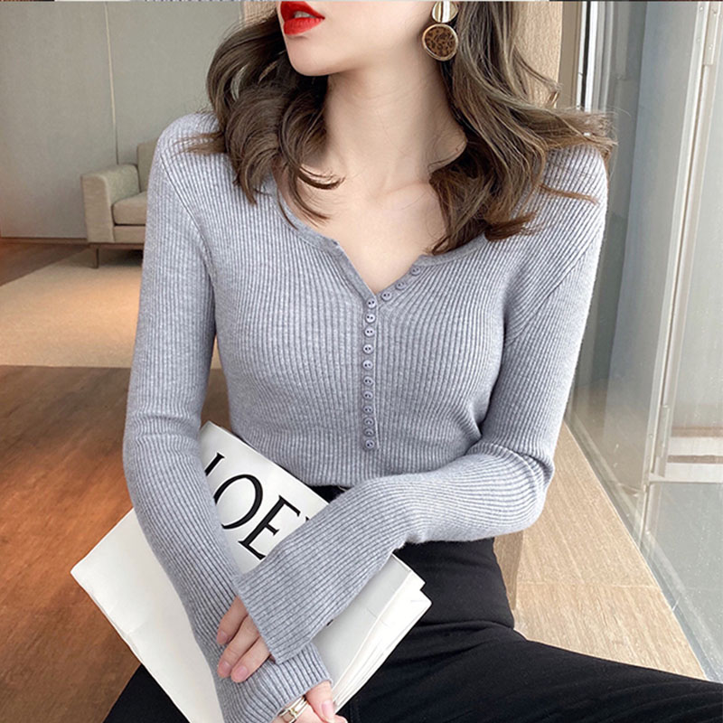 Sweater Ketat V-neck Ramping Wanita Korea Tipis Seksi Pendek atasan