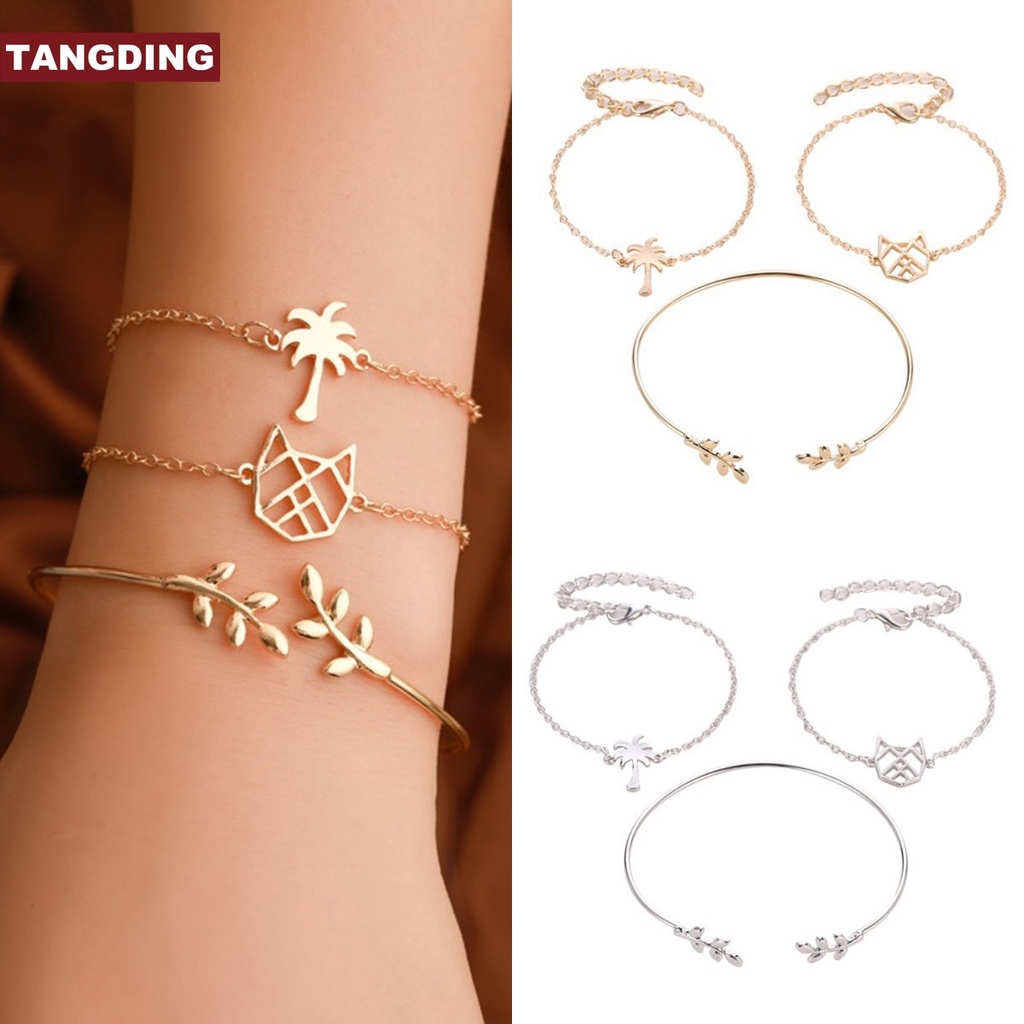 3pcs / set Gelang Bentuk Kucing Daun Model Hollow out Untuk Wanita