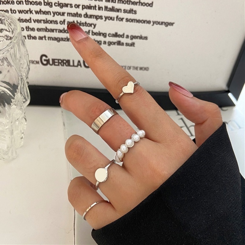 Korea Silver Ring Set Metal Hollow Love Heart Checkerboard Ring for Women Fashion Jewelry Accessories Gift