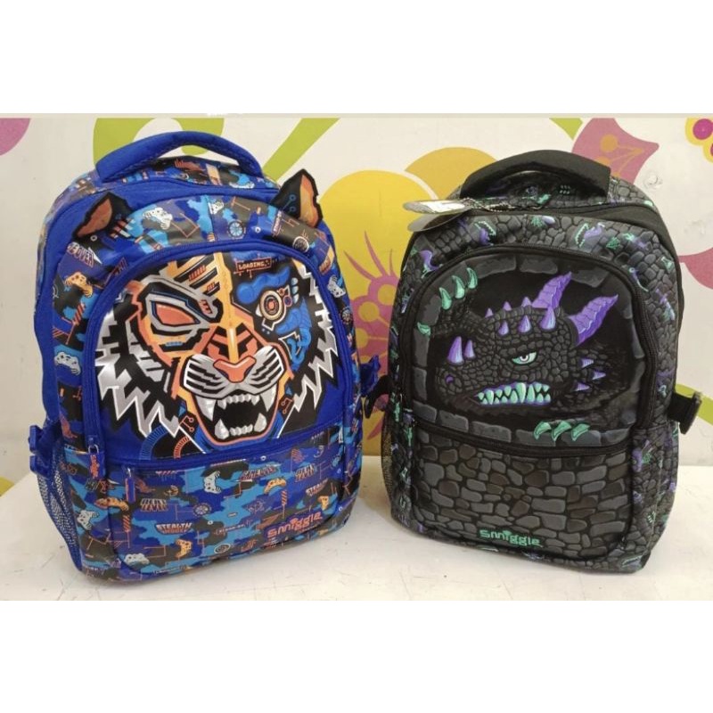 Smiggle Attach Hey black dino / blue tiger backpack ransel