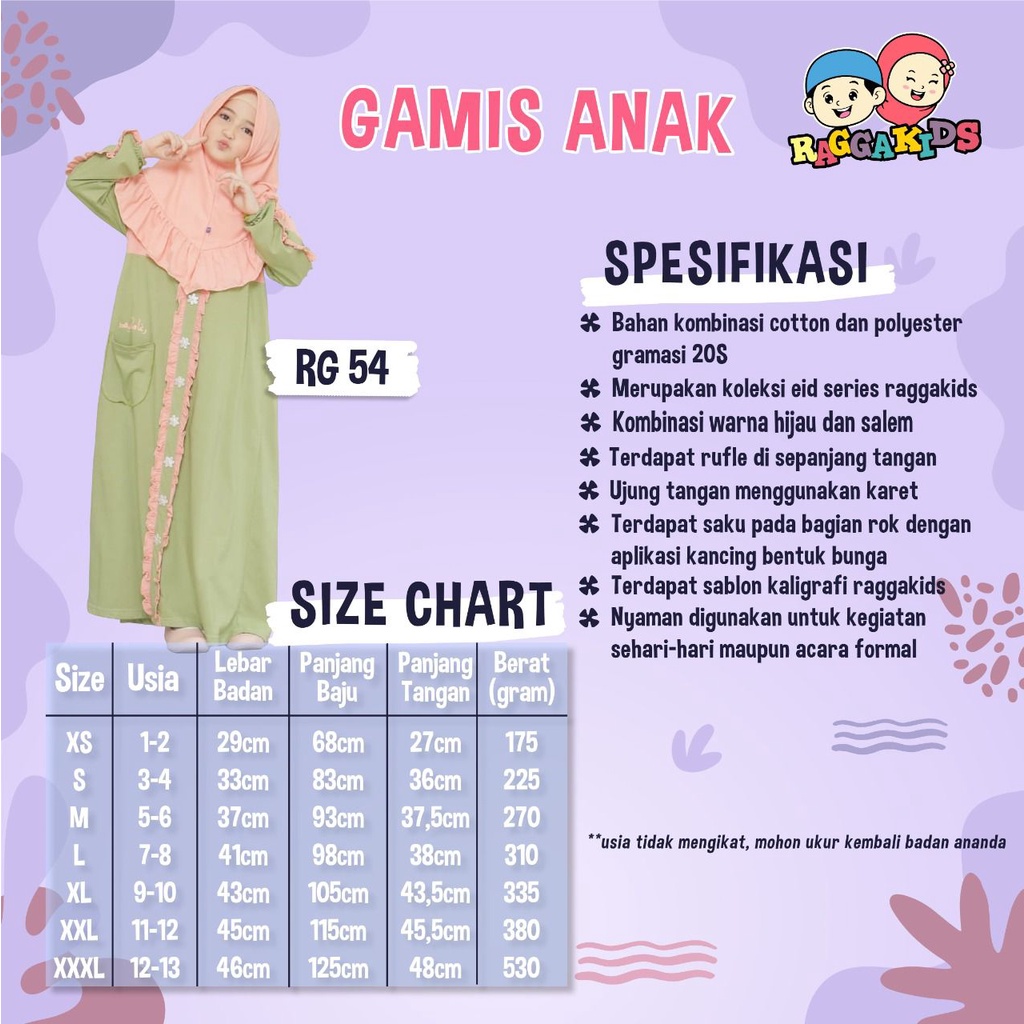 Family Set Sarimbit PAKAIAN GAMIS ANAK PEREMPUAN REMAJA COUPLE TERBARU MUSLIM CASUAL SYAR'I NYAMAN RAGGAKIDS RG 54