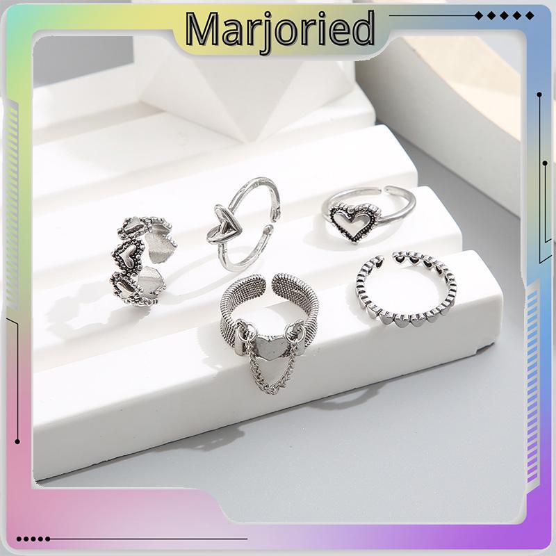 5pcs / Set Cincin Jari Telunjuk Model Terbuka Desain Hati Hollow Gaya Retro-MJD