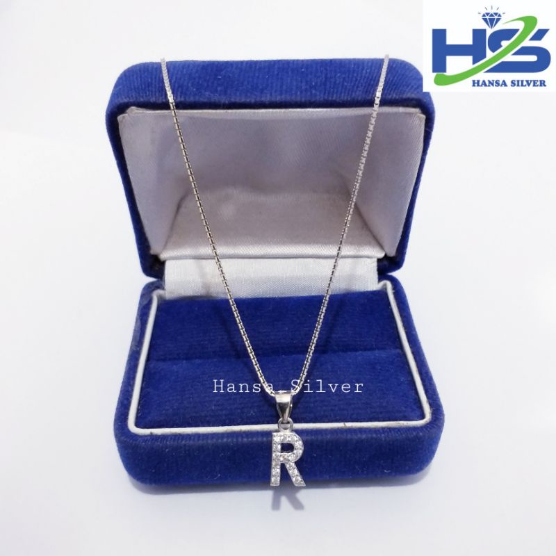 Kalung Perak Wanita Silver Asli 925 Lapis Emas Putih Model Italy Santa Liontin Huruf R - Kalung Wanita Anti Karat