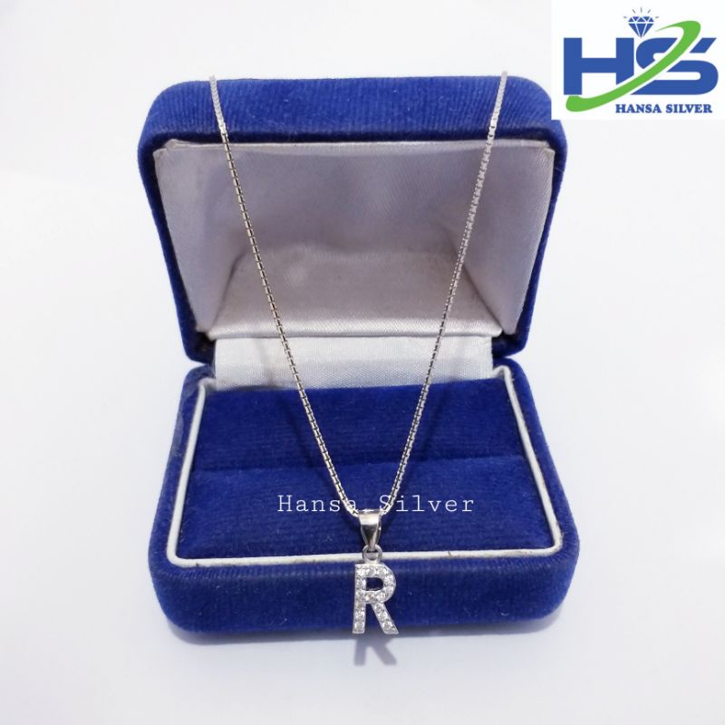 Kalung Perak Wanita Silver Asli 925 Lapis Emas Putih Model Italy Santa Liontin Huruf R - Kalung Wani