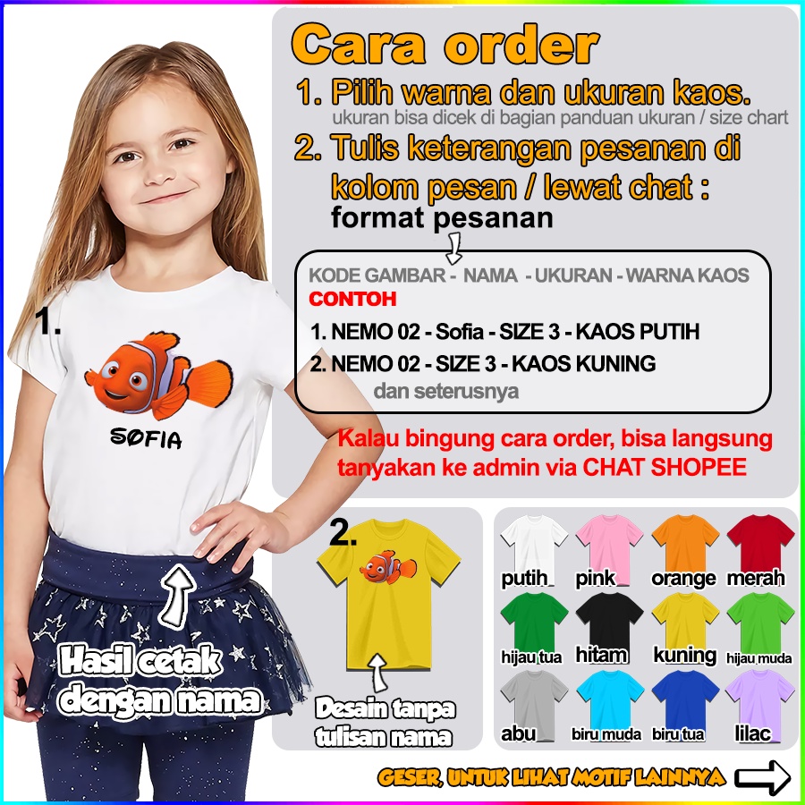 Baju Kaos ANAK DAN DEWASA NEMO COUPLE (FREE NAMA)